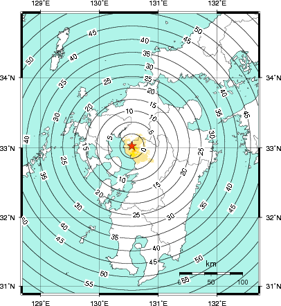 緊急地震速報第1報提供から主要動到達までの時間及び推計震度分布図