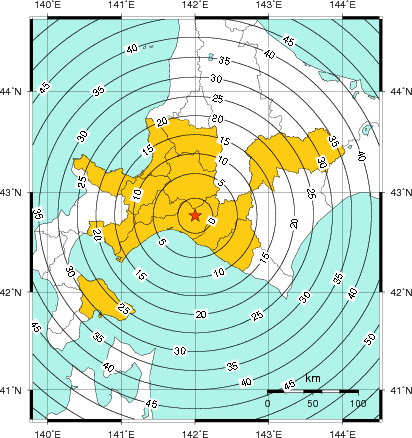 緊急地震速報（警報）第1報を発表した地域及び主要動到達までの時間