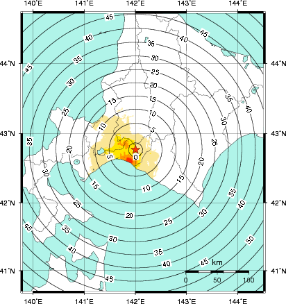 緊急地震速報第1報提供から主要動到達までの時間及び推計震度分布図