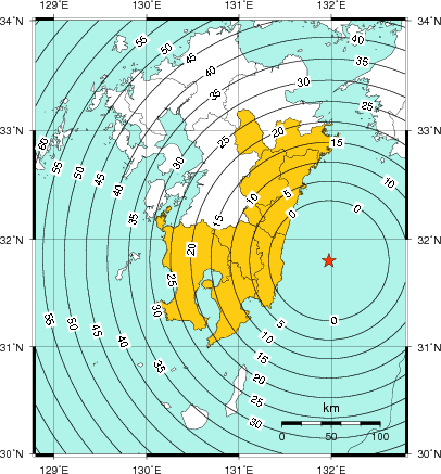 緊急地震速報（警報）第1報を発表した地域及び主要動到達までの時間