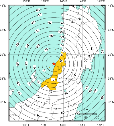 緊急地震速報（警報）第1報を発表した地域及び主要動到達までの時間