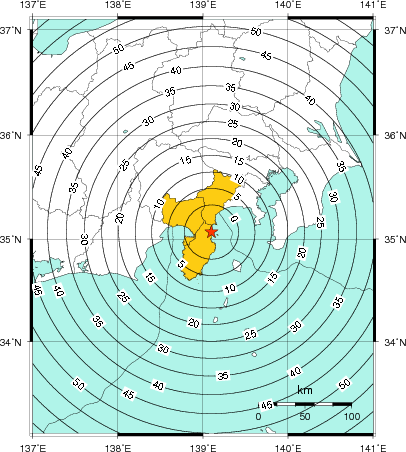 緊急地震速報（警報）第1報を発表した地域及び主要動到達までの時間