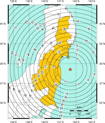 緊急地震速報（警報）第1報を発表した地域及び主要動到達までの時間