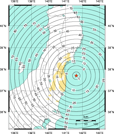 緊急地震速報第1報提供から主要動到達までの時間及び推計震度分布図