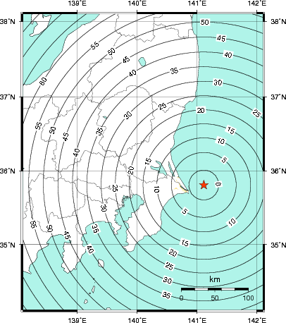 緊急地震速報第1報提供から主要動到達までの時間及び推計震度分布図