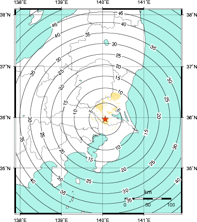 緊急地震速報第1報提供から主要動到達までの時間及び推計震度分布図