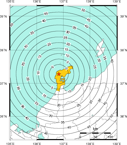 緊急地震速報（警報）第1報を発表した地域及び主要動到達までの時間