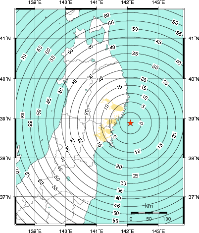 緊急地震速報第1報提供から主要動到達までの時間及び推計震度分布図