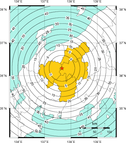 緊急地震速報（警報）第1報を発表した地域及び主要動到達までの時間