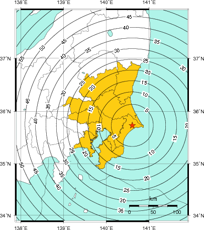 緊急地震速報（警報）第1報を発表した地域及び主要動到達までの時間