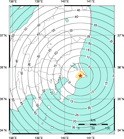 緊急地震速報第1報提供から主要動到達までの時間及び推計震度分布図