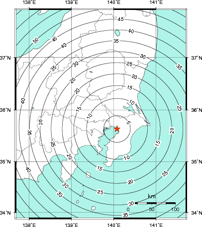 緊急地震速報第1報提供から主要動到達までの時間及び推計震度分布図