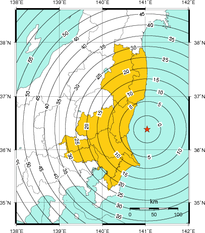 緊急地震速報（警報）第1報を発表した地域及び主要動到達までの時間