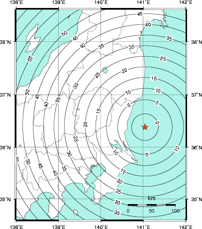 緊急地震速報第1報提供から主要動到達までの時間及び推計震度分布図