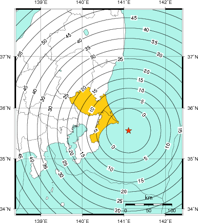 緊急地震速報（警報）第1報を発表した地域及び主要動到達までの時間