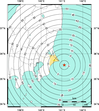 緊急地震速報第1報提供から主要動到達までの時間及び推計震度分布図