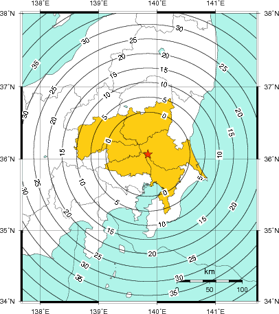 緊急地震速報（警報）第1報を発表した地域及び主要動到達までの時間