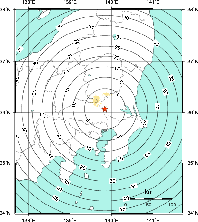 緊急地震速報第1報提供から主要動到達までの時間及び推計震度分布図