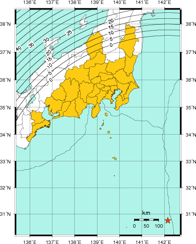 緊急地震速報（警報）第1報を発表した地域及び主要動到達までの時間