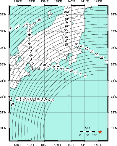 緊急地震速報第1報提供から主要動到達までの時間及び推計震度分布図