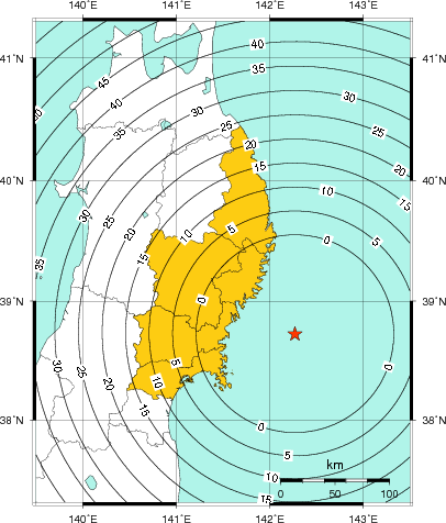 緊急地震速報（警報）第1報を発表した地域及び主要動到達までの時間