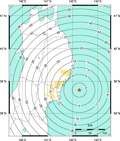 緊急地震速報第1報提供から主要動到達までの時間及び推計震度分布図