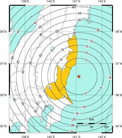 緊急地震速報（警報）第1報を発表した地域及び主要動到達までの時間