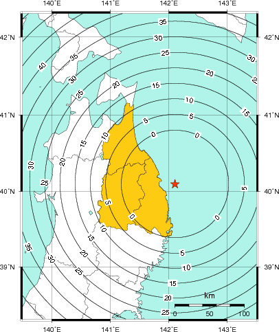 緊急地震速報（警報）第1報を発表した地域及び主要動到達までの時間