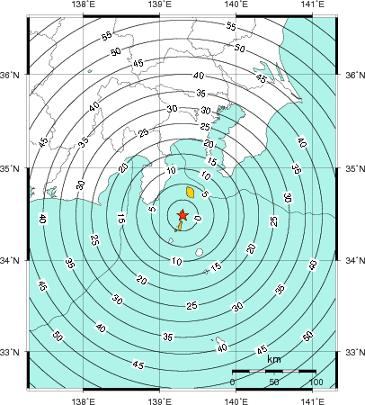 緊急地震速報（警報）第1報を発表した地域及び主要動到達までの時間