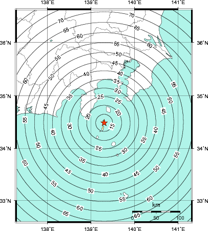 緊急地震速報第1報提供から主要動到達までの時間及び推計震度分布図