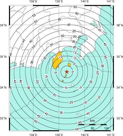 緊急地震速報（警報）第1報を発表した地域及び主要動到達までの時間