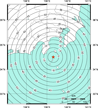 緊急地震速報第1報提供から主要動到達までの時間及び推計震度分布図