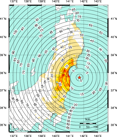 緊急地震速報第1報提供から主要動到達までの時間及び推計震度分布図