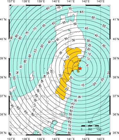 緊急地震速報（警報）第1報を発表した地域及び主要動到達までの時間