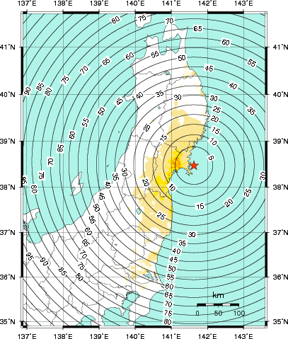 緊急地震速報第1報提供から主要動到達までの時間及び推計震度分布図