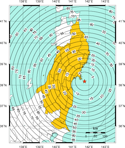 緊急地震速報（警報）第1報を発表した地域及び主要動到達までの時間