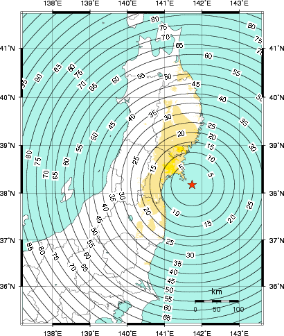 緊急地震速報第1報提供から主要動到達までの時間及び推計震度分布図