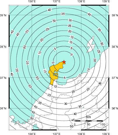 緊急地震速報（警報）第1報を発表した地域及び主要動到達までの時間