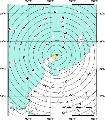 緊急地震速報第1報提供から主要動到達までの時間及び推計震度分布図