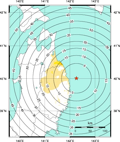 緊急地震速報第1報提供から主要動到達までの時間及び推計震度分布図