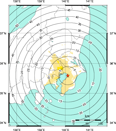 緊急地震速報第1報提供から主要動到達までの時間及び推計震度分布図