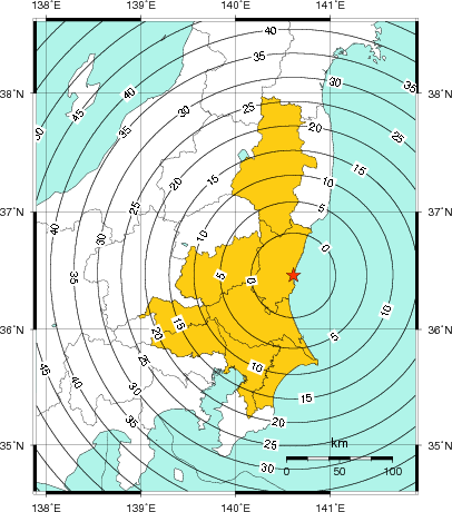 緊急地震速報（警報）第1報を発表した地域及び主要動到達までの時間