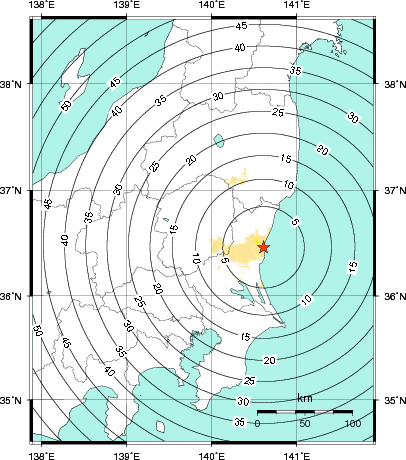 緊急地震速報第1報提供から主要動到達までの時間及び推計震度分布図