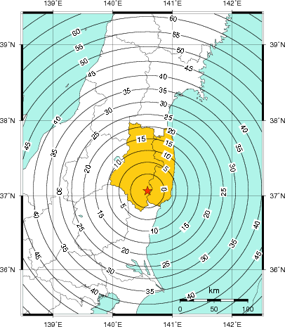 緊急地震速報（警報）第1報を発表した地域及び主要動到達までの時間