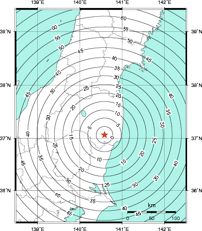 緊急地震速報第1報提供から主要動到達までの時間及び推計震度分布図