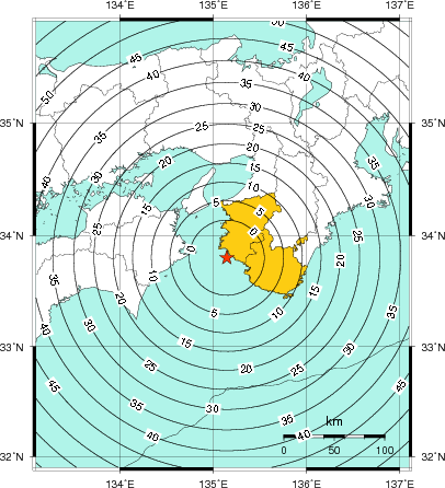 緊急地震速報（警報）第1報を発表した地域及び主要動到達までの時間