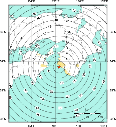 緊急地震速報第1報提供から主要動到達までの時間及び推計震度分布図