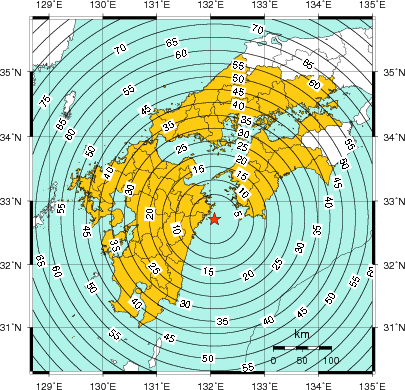 緊急地震速報（警報）第1報を発表した地域及び主要動到達までの時間