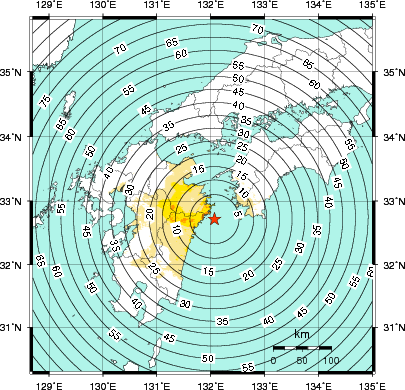 緊急地震速報第1報提供から主要動到達までの時間及び推計震度分布図