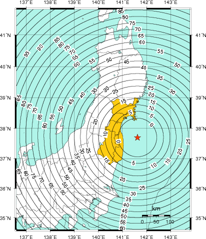 緊急地震速報（警報）第1報を発表した地域及び主要動到達までの時間